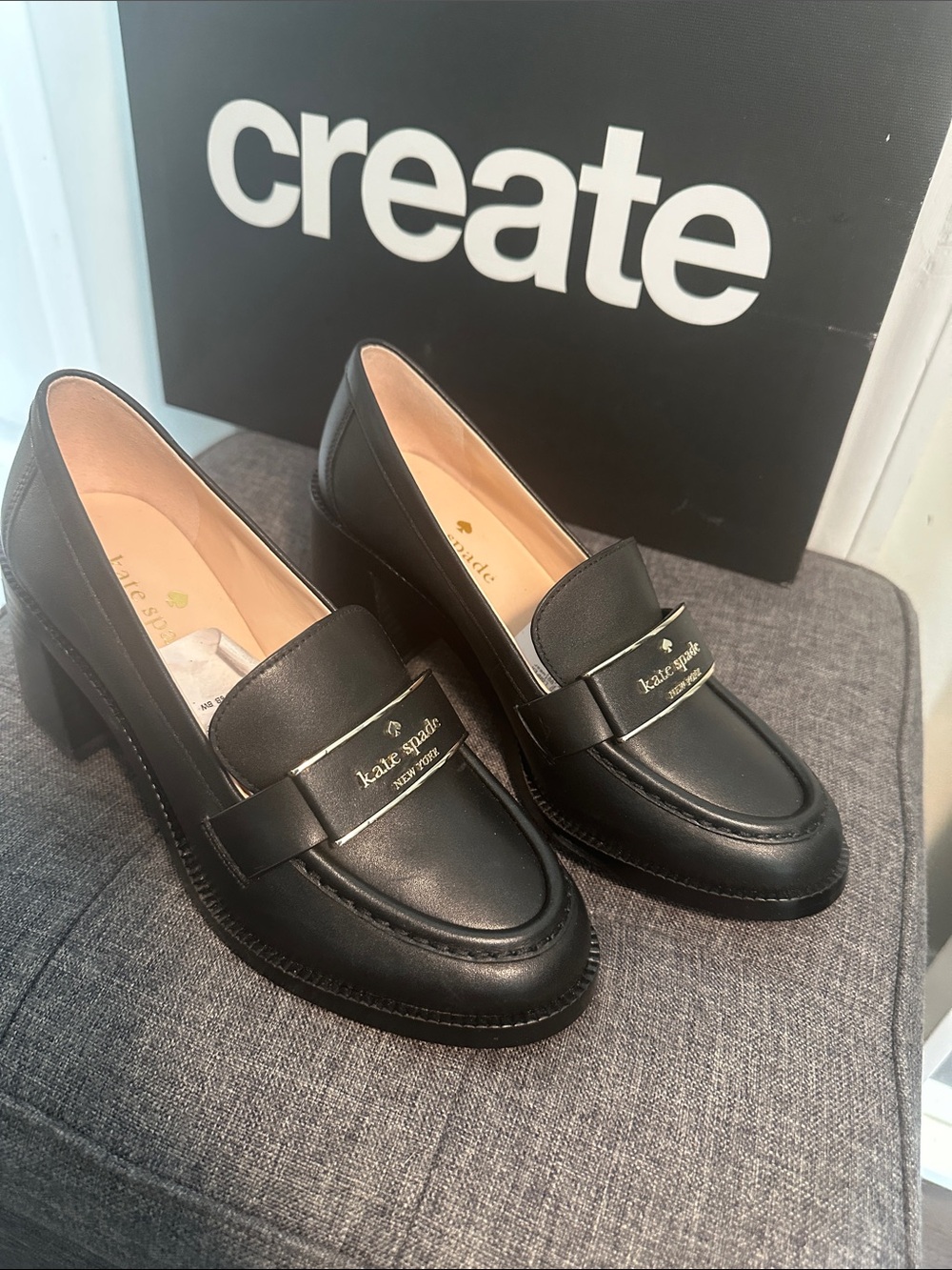 kate spade Black Leather Logo Strap Loafers